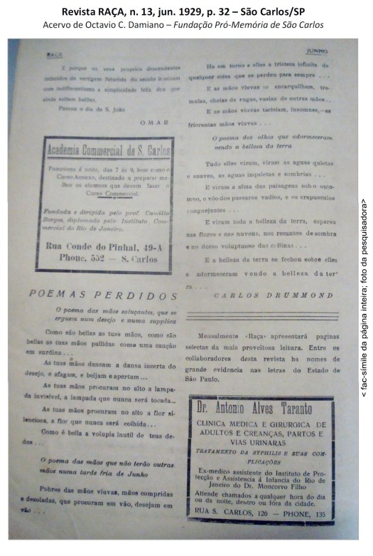 Fac símile da página com os poemas perdidos do jovem Drummond. Reprodução